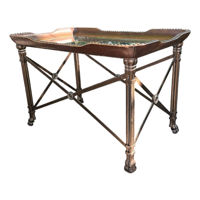 2000s Attributed to Maitland-Smith Leather, Iron & Glass Nailhead Coffee Table For Sale