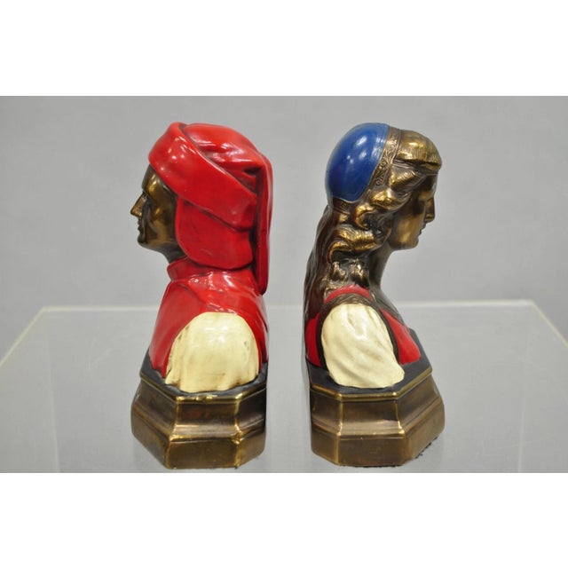 Antique Dante & Beatrice Painted Figural Bronze Bust Bookends - A Pair For Sale - Image 9 of 10