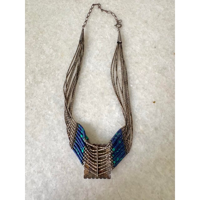 Vintage Native American Multi-Strand Liquid Silver Necklace, Azurite-Malachite Pendant For Sale - Image 4 of 4
