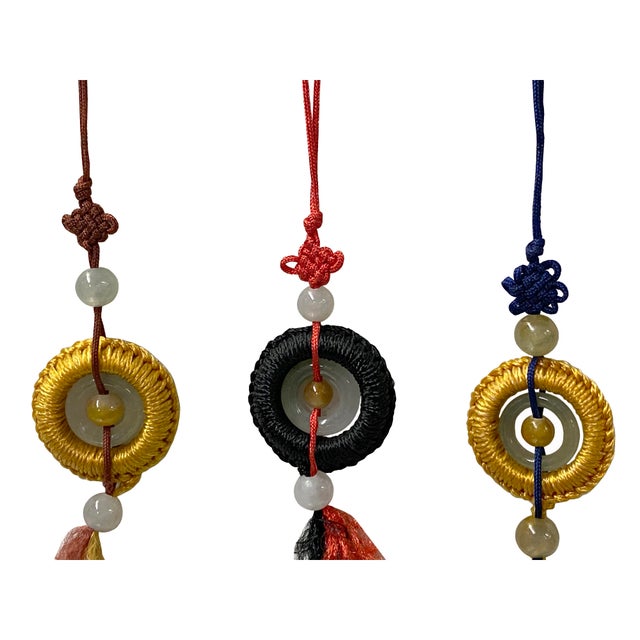 Set 3 Chinese Jade Stone Carved Circle Accent Charm Tassel Display Art For Sale - Image 4 of 4