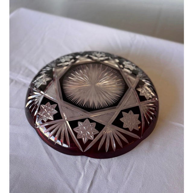 Ruby Red Antique Czech Bohemian Ruby Red Art Deco Hand Cut to Clear Crystal Plate Featuring Starburst Geometric Patterns , C. 1920 For Sale - Image 8 of 8