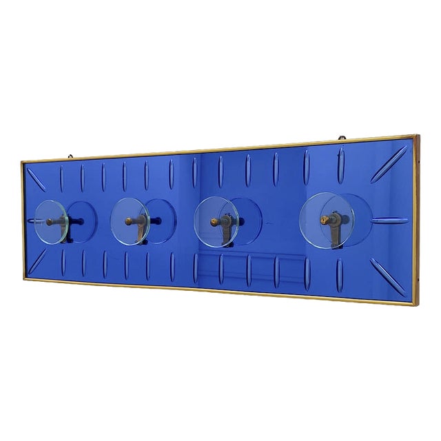 Vintage Space Age Italian Wall Coat Hanger in Blue Glass and Brass by Murano for Cristal Art, 1970s For Sale