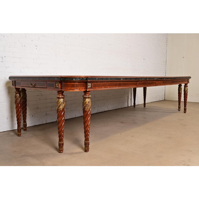 French Henredon Grand Provenance Italian Neoclassical Inlaid Cherry and Burl Wood Parcel Gilt Extension Dining Table For Sale - Image 3 of 17