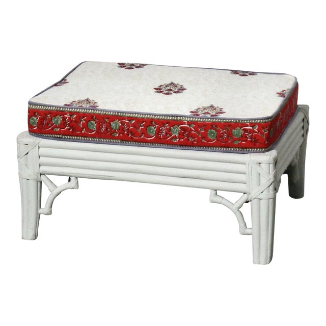 Hand Painted Fretwork Ottoman with Indian Block Print Cushion For Sale