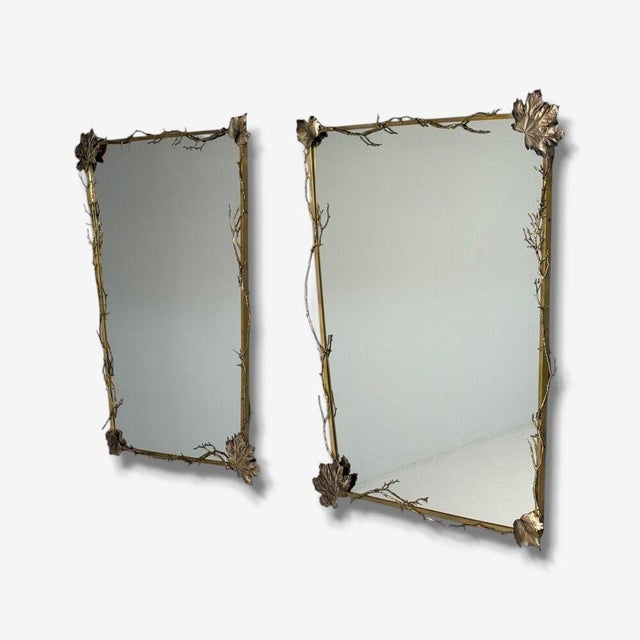 Contemporary Modern Trapezoidal Bronze Wall Mirrors, Branch and Leaf Motif, France, 21st C. For Sale - Image 3 of 11