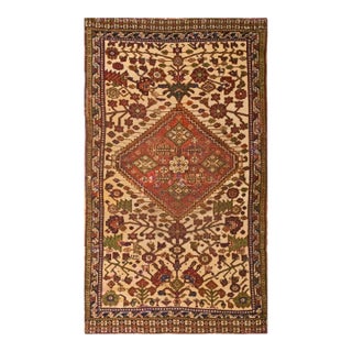 1930s Tan Camel Medallion Antique Persian Ghashgaie Rug 2'9" X 4'10" Handknotted Wool Carpet For Sale