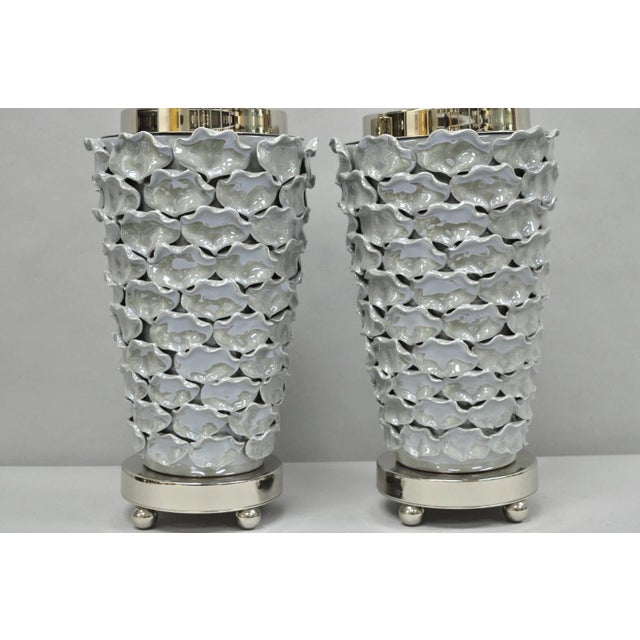 Early 21st Century Contemporary Modern Gray Porcelain Leaf Leaves Chrome Table Lamps - A Pair For Sale - Image 5 of 17
