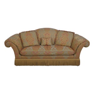Baker Damask Upholstered Sofa W. Bullion Fringe For Sale