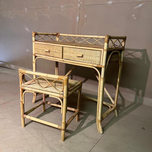 Vintage Cane and Bamboo Dressing Table and Stool, Set of 2 For Sale - Image 4 of 7