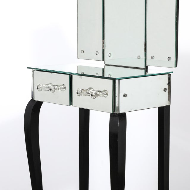 Art Deco Hollywood Mirrored Trifold Ebonized Cabriole Leg Vanity W/ Glass Pulls For Sale - Image 12 of 18