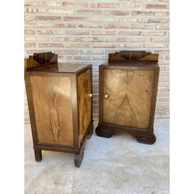 Art Deco Walnut Slab Side Cabinets or Nightstands with Carved Base, 1930s, Set of 2 For Sale - Image 12 of 16