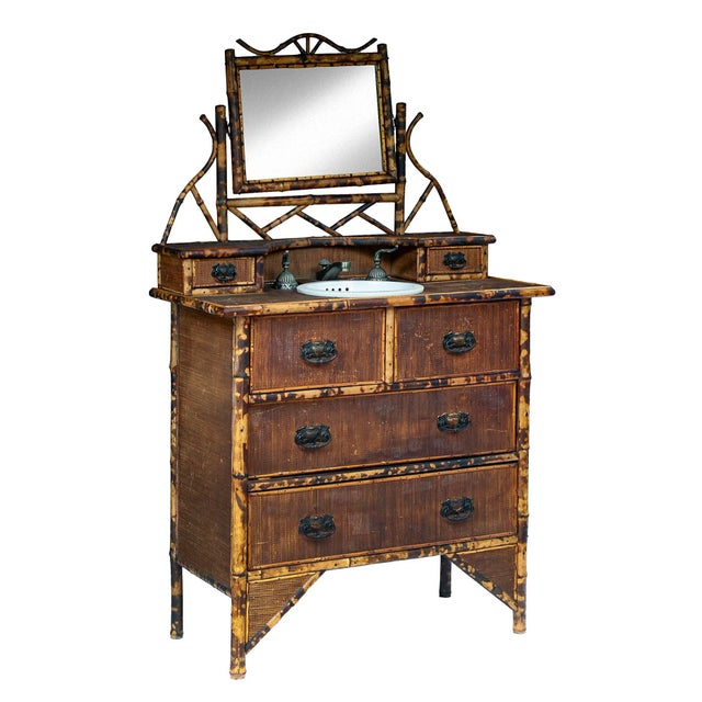 Late 19th Century Antique English Scorched Bamboo/Grasscloth Vanity Dresser For Sale - Image 9 of 9