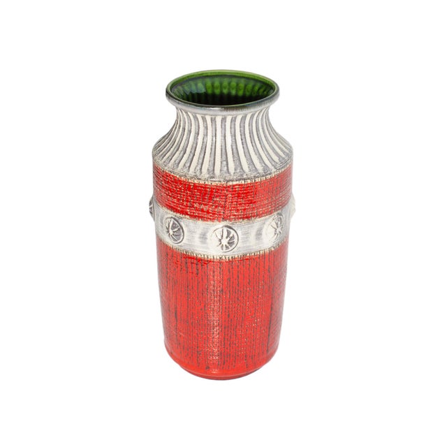 A West German ceramic floor vase produced by Bay Keramik. Standing almost 16 inches tall, this vase features a white...