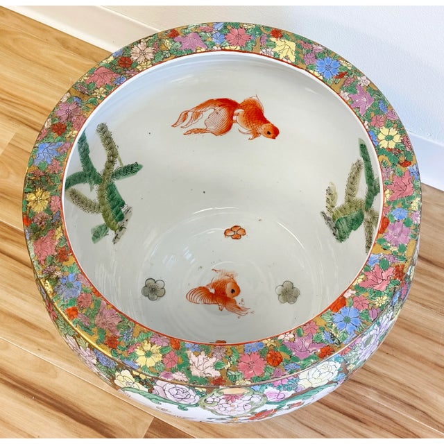 Chinoiserie Vintage Porcelain Mandarin Chinese Rose Fish Bowl Planter For Sale - Image 3 of 10