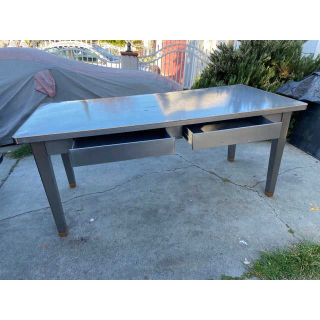 Metal 1940s Attributed to General Fireproofing Company Tanker Desk Refinished in Brushed Steel For Sale - Image 7 of 12