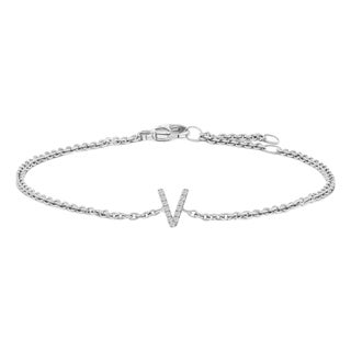 10K White Gold Diamond Accent "V" Initial Charm and Link Bracelet For Sale
