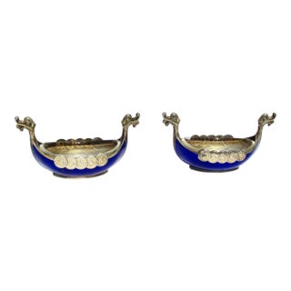 Sterling and Cobalt Norwegian Salt Cellars - a Pair of 2 For Sale