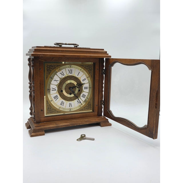 1970s Vintage Franz Hermle 340-020 Mantel Clock West Germany 8-Day Westminster Chime. Working Condition With Key. For Sale - Image 5 of 13