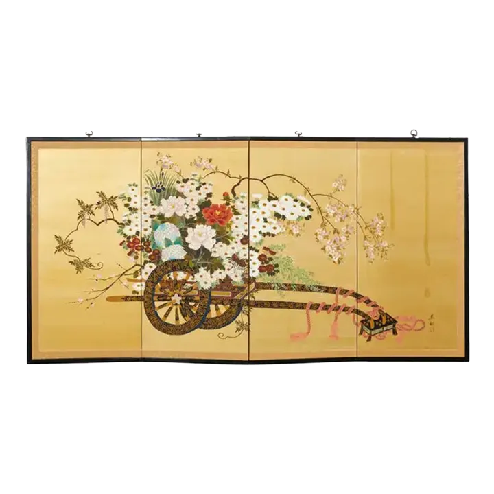 *完成*花様オーダー Japanese Showa Four Panel Screen Hanaguruma Flower Cart