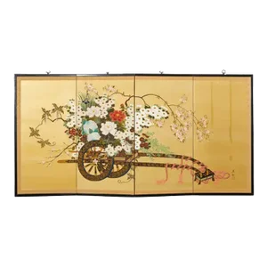 Japanese Showa Four Panel Screen Hanaguruma Flower Cart