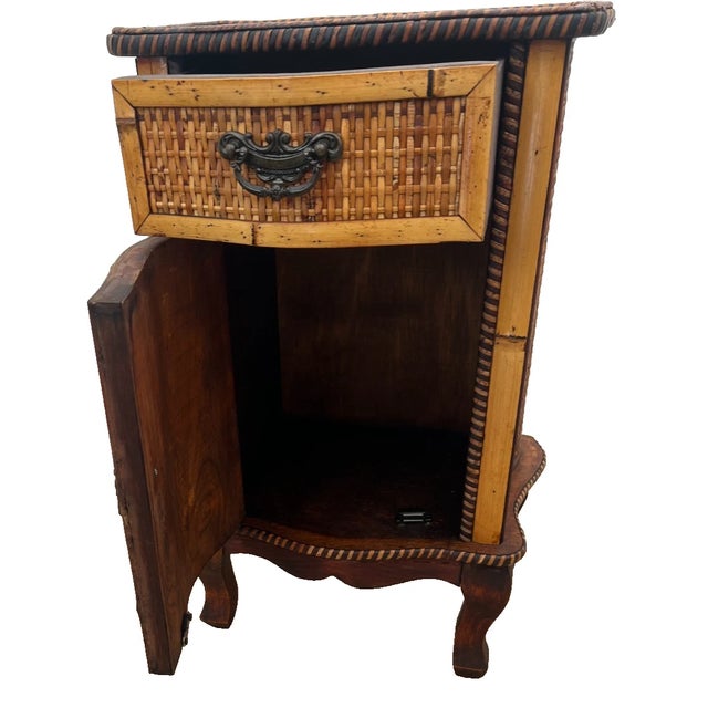 1960s Mid Century Nightstand Cabinet With Drawer Wicker and Bamboo Petite Size For Sale - Image 4 of 14
