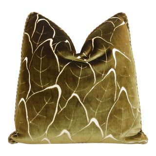 Clarence House Cut Silk Velvet Leaves Fabric Feather/Down Pillow 21" Square For Sale