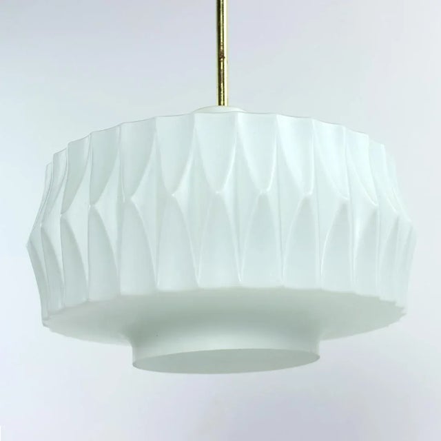 Metal Mid-Century Ceiling Pendant in White Glass and Brass, Czechoslovakia, 1960s For Sale - Image 7 of 7
