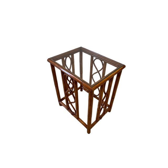Vintage Burnt Bamboo Rattan Nesting Tables With Glass Tops, Set of 3, C. 1970s For Sale - Image 12 of 17
