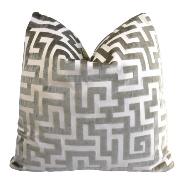 Designer Jim Thompson Pale Green Velvet Geometric Abstract Feather/Down Pillow For Sale