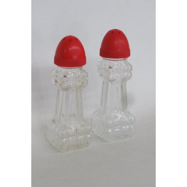 Mid 20th Century Mid Century Modern Pressed Glass Salt and Pepper Shakers Pair of 2 With Red Tops For Sale - Image 12 of 15