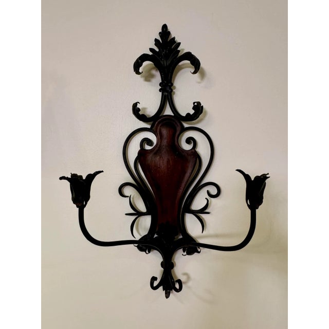 Rococo French Rococo Black Wrought Iron & Walnut Wood Double Candle Wall Sconce For Sale - Image 3 of 12