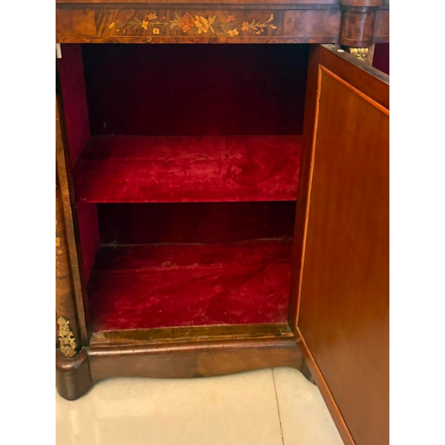 Antique Victorian Burr Walnut Sideboard Cabinet with Floral Marquetry Credenza, 1850 For Sale - Image 16 of 18