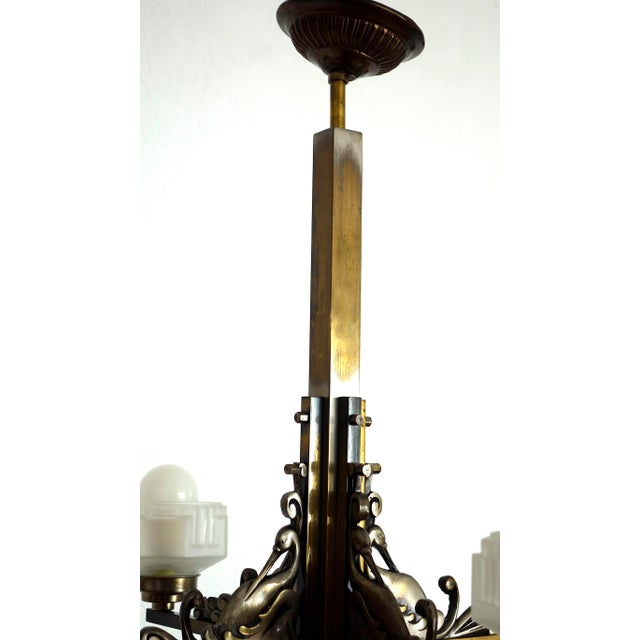 French Art Deco Brass and Satin Glass 4-Light Chandelier, 1920s For Sale - Image 6 of 15