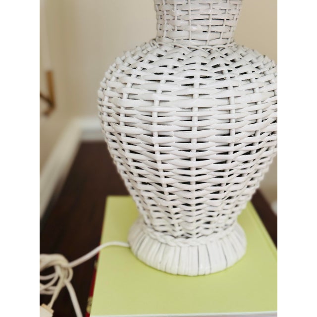 Wood Vintage White Wicker Lamp and Lamp Shade For Sale - Image 7 of 8