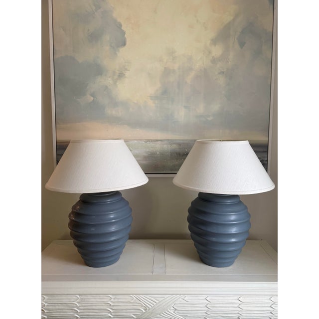 Contemporary 1980s Sculptural Beehive Slate Blue Table Lamps - a Pair For Sale - Image 3 of 5