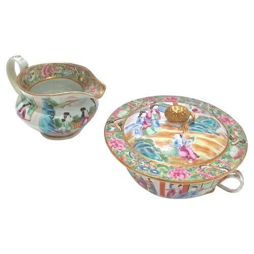 19th-century Chinese export Rose Canton porcelain sugar and creamer set designed for the European market. Hand-painted...