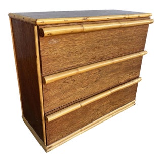 1950s Restored Modernist Mahogany Chest of Drawers W/ Rattan Pulls For Sale