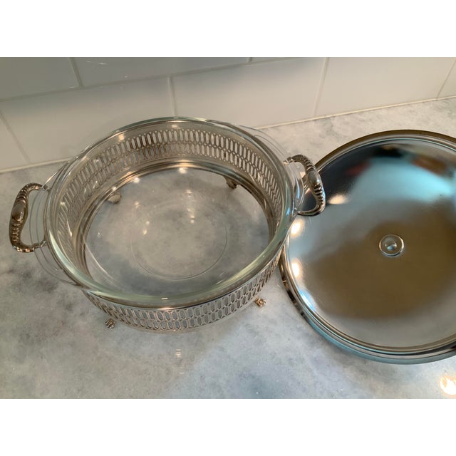 Hollywood Regency Vintage Footed Silver Lidded Serving Dish With Glass Insert For Sale - Image 3 of 9