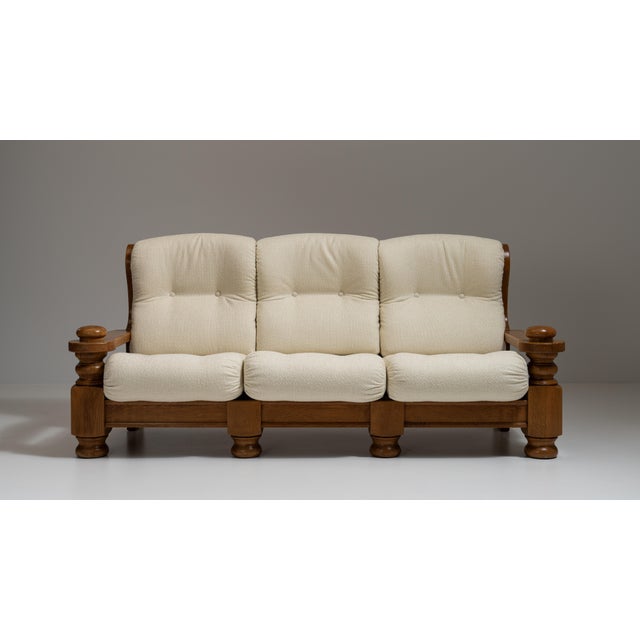 1970s French Chestnut Brown Brutalist Oak Upholstered Sofa For Sale - Image 15 of 15