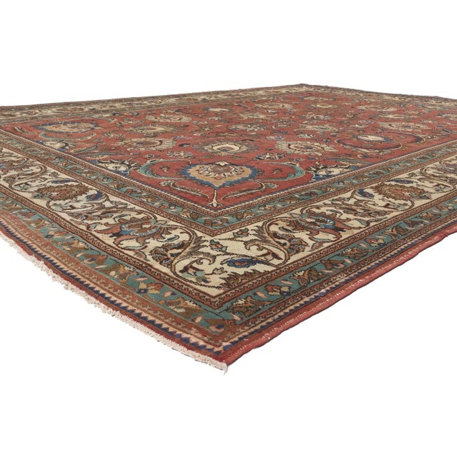 78590 Rustic Vintage Persian Tabriz Rug, 11'01 x 14'05. Emanating traditional style with incredible detail and texture,...