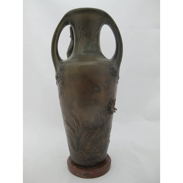 Metal Francois Moreau Signed Female Figural Bird & Flower Art Nouveau Bronze Vase Pair For Sale - Image 7 of 17