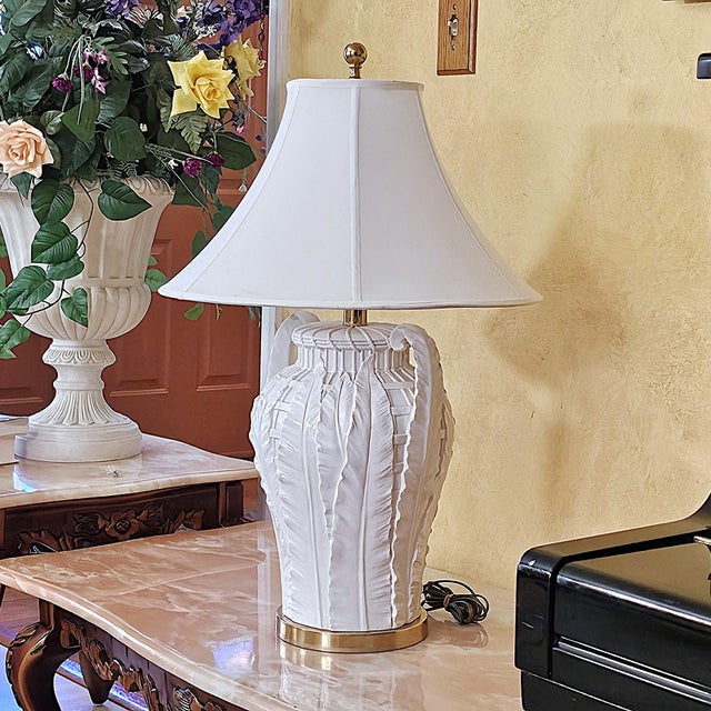 Vintage Paul Hanson Style White Ceramic Urn Table Lamp With Raised Botanical Relief Design For Sale - Image 9 of 18