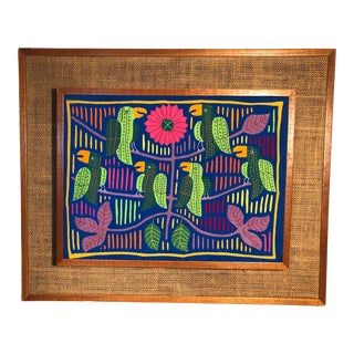1960s Mola 6 Parrots in a Tree Kuna Indian Folk Art Hand Stitched Textile Art For Sale