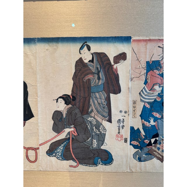 Early 1800s Japanese Ukiyo-E Woodblock Kabuki Scene Print Framed on Silk Backing in Faux -Bamboo Frame For Sale - Image 4 of 8