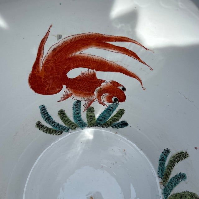 Antique Very Large Chinoiserie Enameled Porcelain Emerald Green With 24k Gold Koi Fish Planter/Jardiniere For Sale - Image 4 of 12