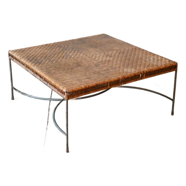 1950’s French Rattan & Iron Square Coffee Table For Sale