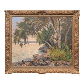 Early 20th Century Swedish Shoreline Painting, Beautiful Frame For Sale