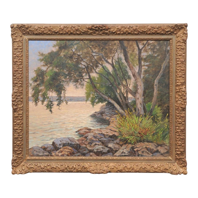 Early 20th Century Swedish Shoreline Painting, Beautiful Frame For Sale