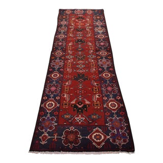 Hamedan Runner 3’6” X 9’8” Red Wool Vintage Tribal Hand-Knotted Oriental Rug For Sale
