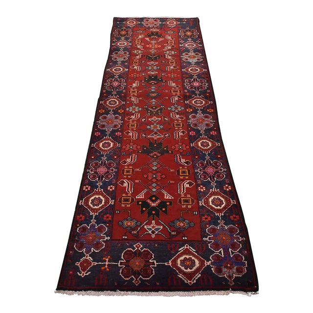 Hamedan Runner 3’6” X 9’8” Red Wool Vintage Tribal Hand-Knotted Oriental Rug For Sale